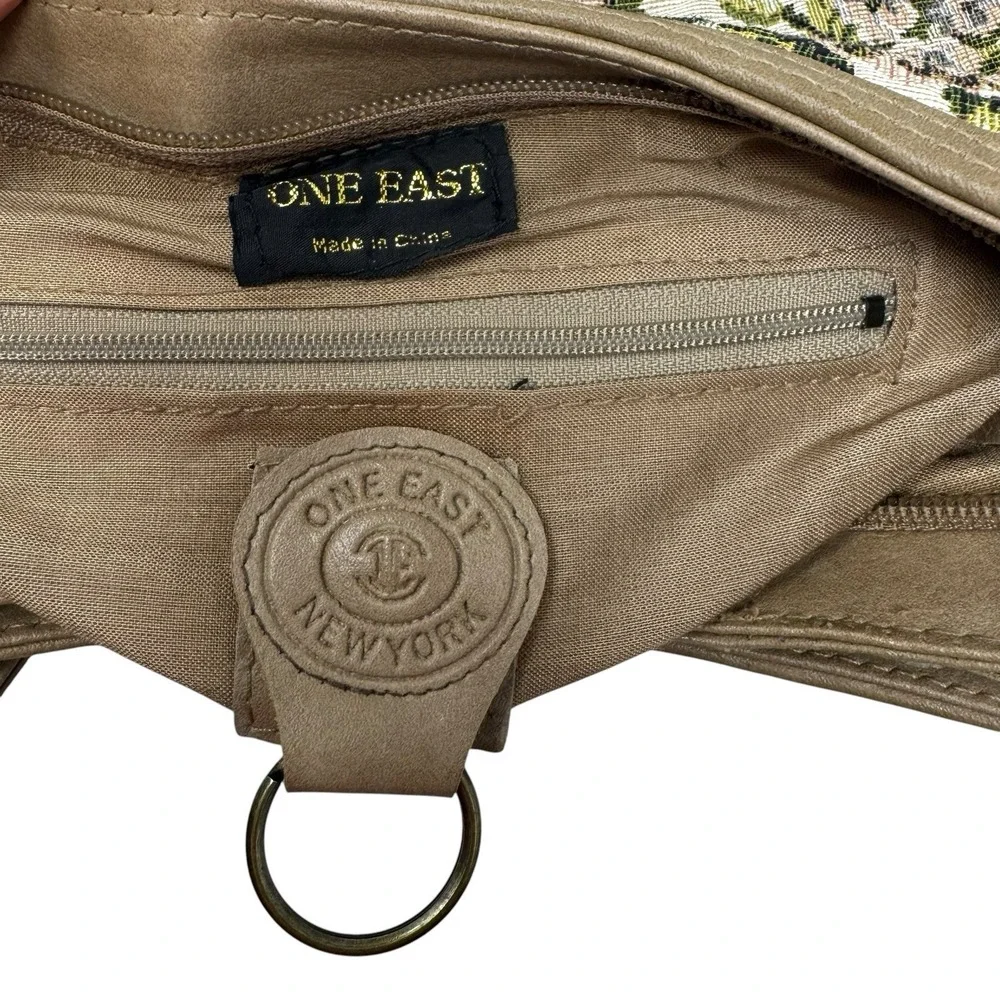 One East Carpet Bag Purse Tapestry Green Pink Canvas Med Zip Close Faux Leather